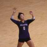 Photo by Joey Klecka/Peninsula Clarion Soldotna senior Lindsey Wong serves up the ball to the Kodiak Bears, Friday at the Class 4A state volleyball tournament at the Alaska Airlines Arena in Anchorage.