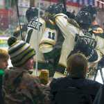 Photo by Rashah McChesney/Peninsula Clarion  Members of the Kenai River Brown Bears celebrate after a goal during their game against Janeseville Jets on Friday Nov. 20, 2015 in Soldotna, Alaska.