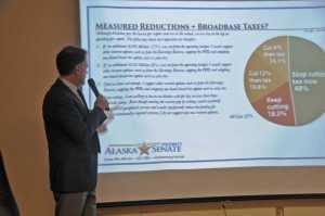 Photo by Elizabeth Earl/The Peninsula Clarion Sen. Peter Micciche spoke to a crowd of about 50 Wednesday night at Kenai Peninsula College about the upcoming legislative session and the fiscal options the state is considering to bridge the current budget gap.