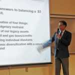 Photo by Elizabeth Earl/The Peninsula Clarion Sen. Peter Micciche delivered his annual legislative update to a crowd of about 50 at Kenai Peninsula College on Wednesday night.