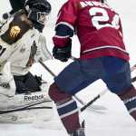 Photo by Rashah McChesney/Peninsula Clarion Kenai River Brown Bears goalie Brian Baker keeps an eye on the puck during their game against the Fairbanks Ice Dogs on Friday Dec. 4, 2015 in Soldotna, Alaska. The Ice Dogs won the game 4-1.