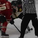 Photo by Jeff Helminiak/Peninsula Clarion Minnesota Wilderness forward Aaron Miller and Kenai River Brown Bears forward Evan Butcher battle for a faceoff Friday at the Soldotna Regional Sports Complex.