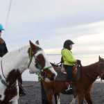 Photo by Megan Pacer/Peninsula Clarion Owner of Alaska C & C Horse Adventures Connie Green, left, rides along the beach with Braveheart, center, and Sierra Craven, right, on Monday, Jan. 18, 2016 in Kenai, Alaska.
