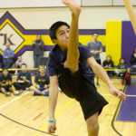 Ben Boettger/Peninsula Clarion Luke Riley attempts a one foot high kick during the Native Youth Olympics Winter Games Invitational on Saturday, Jan. 23 at Kenai Middle School. Riley barely missed making the kick.