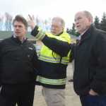 Photo by Megan Pacer/Peninsula Clarion Kenai City Council member and Vice Mayor Brian Gabriel, Kenai Fire Chief Jeff Tucker and Gov. Bill Walker survey the damage the Jan. 24 magnitude 7.1 earthquake did to four homes during Walker's visit on Sunday, Jan. 31, 2016 on Lilac Lane in Kenai, Alaska. Walker heard from city and borough officials and from utility companies about how the quake was handled during Sunday's briefing at the Kenai Chamber of Commerce and Visitor Center.