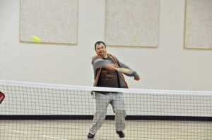 Photo by Elizabeth Earl/Peninsula Clarion Kyle Heffner takes a swing during a game of pickleball targeted specifically for the adaptive population on Feb. 18. The games, organized by Hope Resources in Soldotna and known as "Adaptive Pickleball," started Feb. 11 and will go on through March.