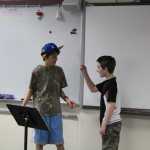 Soldotna Elementary sixth-graders Trent Boots and Nate Johnson perform Abbott and Costello's classic sketch "Who's On First" during the second session of the Kenai Peninsula Borough School District Forensics Competition on Saturday, Feb. 27. Trent and Nate took fourth place in the sixth grade interpretive reading category.
