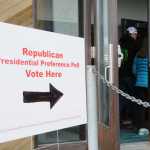 Photo by Elizabeth Earl/Peninsula Clarion The line wrapped out the door and around the building at the Soldotna Sports Complex when the doors opened at 3 p.m. for the Republican Presidential Preference Poll on Tuesday, March 1, 2016.