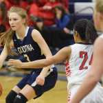 Photo by Joey Klecka/Peninsula Clarion Soldotna guard Daisy Nelson looks for an opening against the Kenai Central defense Thursday at the Northern Lights Conference tournament at Palmer High School.