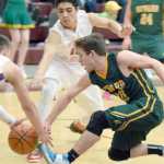Photo by Joey Klecka/Peninsula Clarion Seward guard Thomas Zweifel loses the ball on a drive to the basket in Friday's semifinal game against ACS at the Southcentral Conference tournament at Grace Christian High.