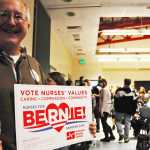 Photo by Elizabeth Earl/Peninsula Clarion Randall Knowles turned out to the Democratic caucus at Kenai's Challenger Learning Center Saturday morning to support Bernie Sanders.