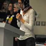Photo by Elizabeth Earl/Peninsula Clarion Amy Jackman, one of the coordinators for the Bernie Sanders campaign on the Kenai Peninsula, delivered a stump speech for Sanders at the Democratic caucus at Kenai's Challenger Learning Center Saturday morning.