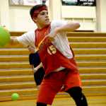 Zach Tuttle takes aim during the Kenai Chamber of Commerce Young Professionals dodgeball tournament on Saturday, March 26 at the Kenai Central High School auditoreum.
