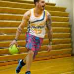 Calvin Williams of the Swamp Donkey dodgeball team comes from the back of the court during a final round against Magnum Motors at the Kenai Chamber of Commerce Young Professionals dodgeball tournament on Saturday, March 26 at the Kenai Central High School gym.