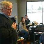 Kenai Peninsula College anthropology professor Alan Boraas tells a story at a storytelling evening on Friday April 1 at Odie's Deli in Soldotna.