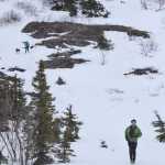 Photo by Joey Klecka/Peninsula Clarion Kara (upper left) and Zach Johnston (lower right) of Soldotna descend the upper slopes of snowy Skyline peak on April 8.