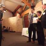 Photo by Kelly Sullivan/ Peninsula Clarion Stan Bennion, vice-president of Human Resources for BP Alaska, Hope School teacher Patricia Truesell and Sean Dusek, school district superintendent, Wednesday, May 4, 2016, at the Alaska Christian College in Soldotna, Alaska.