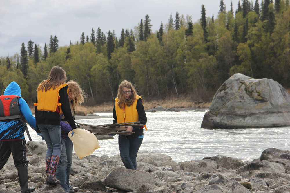 Redoubt students walk the banks of the Kenai River picking up large and small trash.