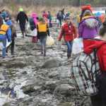 Redoubt students walk the banks of the Kenai River picking up large and small trash.