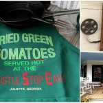 An apron, good for wearing when making homemade fried green tomatoes, was found at the Whistle Stop Café (bottom, right) in Juliette, Ga. Juliette, the location for "Fried Green Tomatoes,"  was refurbished for the movie in 1991 to create the fictional town of Whistle Stop. The movie starred Kathy Bates and Jessica Tandy (pictured, upper right on movie poster), Mary Stuart Masterson and Mary-Louise Parker. Find the café at http://www.thewhistlestopcafe.com. Photo credits, right, Jim Conforti.