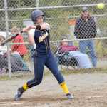 Photo by Jeff Helminiak/Peninsula Clarion Homer's Mary Hana Bowe mashes the ball en route to a 4-for-4 day in a 15-4 victory over Soldotna on Tuesday, May 10, 2016, at the Soldotna Little League fields.