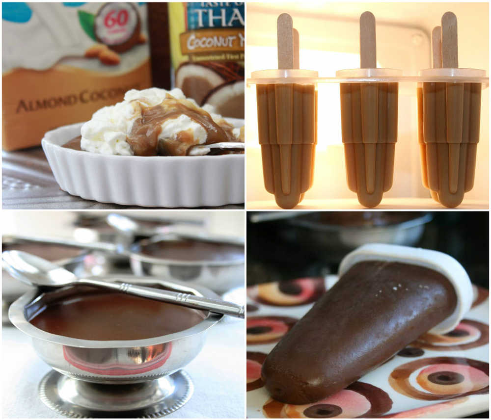Dairy free and delicious, the same mixture used for making velvety chocolate and butterscotch puddings, may be used for making smooth and creamy popsicles. Almond milk and coconut milk are excellent non-dairy substitutions for many dessert recipes calling for milk or heavy cream.
