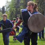 Will Brighton (left) and Conner Christoffersen prepare for a fight during the Frozen Coast live-action role play group's weekly battle game on Sunday, May 22 in the Kenai Municipal Park.