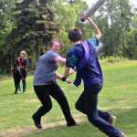 A.J Smith plays a minotaur during the Frozen Coast live-action role play group's weekly battle game on Sunday, May 22 in the Kenai Municipal Park.