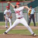 Photo by Jeff Helminiak/Peninsula Clarion Kenai pitcher Gavin Petterson fires toward home Thursday at the Southcentral Conference tournament at Coral Seymour Memorial Park in Kenai. Kenai lost the game 6-2.