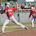 Photo by Jeff Helminiak/Peninsula Clarion Wasilla pitcher Nolan Monoghan delivers during a complete-game shutout victory against Soldotna in the Southcentral Conference title game Friday at Coral Seymour Memorial Park in Kenai.