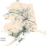 Locations of some commercial float-plane operations and their destinations show the potential routes of Elodea dispersal across Alaska.  Float plane traffic, not the aquarium trade, is now the primary vector for likely re-introduction of Elodea to the Kenai Peninsula from Anchorage and Cordova. (Tobias Schwoerer, UAA-ISER)