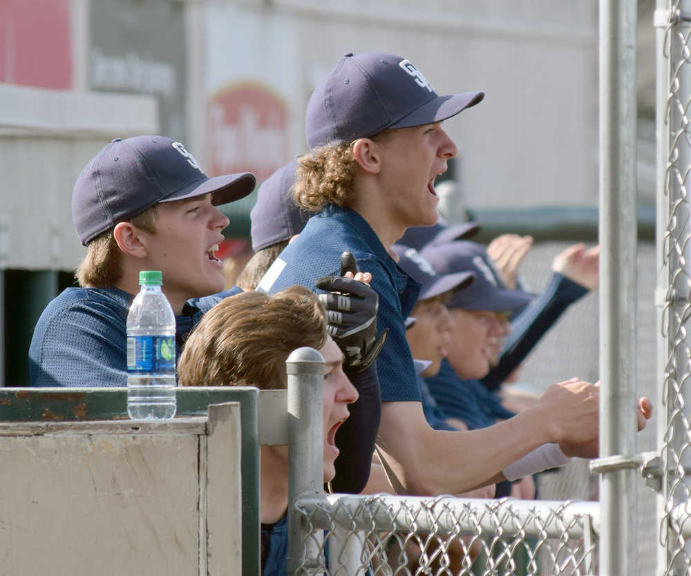 Photo by Joey Klecka/Peninsula Clarion Soldotna baseball team members cheer on their teammates Thursday against Sitka in a state tournament quarterfinal at Mulcahy Field in Anchorage.