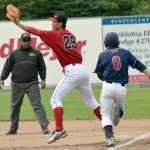 Photo by Jeff Helminiak/Peninsula Clarion Oilers first baseman Shih-Tsung Wang puts out Chinooks leadoff hitter Will Bass in the first inning Sunday at Coral Seymour Memorial Park in Kenai.