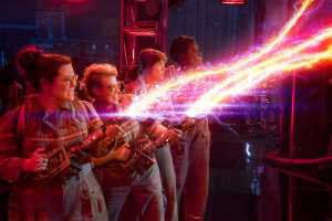 In this image released by Sony Pictures, from left, Melissa McCarthy, Kate McKinnon, Kristen Wiig and Leslie Jones appear in a scene from, "Ghostbusters." (Sony Pictures via AP)