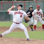 Photo by Jeff Helminiak/Peninsula Clarion Oilers reliever Andrew Bash delivers in Game 1 against the Anchorage Bucs on Sunday at Coral Seymour Memorial Park in Kenai.