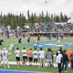 Photo by Jeff Helminiak/Peninsula Clarion Soldotna's Blake Jones kick off the 2016 prep football season Friday at Justin Maile Field in Soldotna. Soldotna would defeat West 49-30.