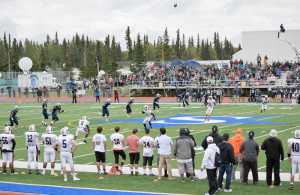 Photo by Jeff Helminiak/Peninsula Clarion Soldotna's Blake Jones kick off the 2016 prep football season Friday at Justin Maile Field in Soldotna. Soldotna would defeat West 49-30.