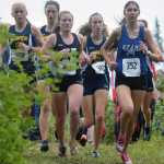 Photo by Jeff Helminiak/Peninsula Clarion Homer's Alex Moseley, Homer's Megan Pitzman, Kenai's Addison Gibson, Homer's Audrey Rosencrans and Homer's Lauren Evarts (obscured) run with the lead pack early in the junior-senior girls race at the Nikiski Class Races at Nikiski High School on Monday.