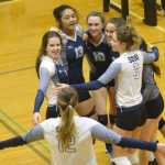 Photo by Jeff Helminiak/Peninsula Clarion The Soldotna volleyball team celebrates after winning the ninth annual Shayna Pritchard Memorial Volleyball Tournament on Saturday in Nikiski.