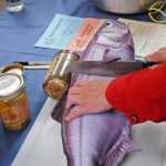 Photo by Elizabeth Earl/Peninsula Clarion Kenai Cooperative Extension Service 4-H and Youth Development and Health, Home & Family Agent Linda Tannehill demonstrates how to prepare a salmon for canning Wednesday, Aug. 31, 2016 in Soldotna, Alaska. The Cooperative Extension Service offers instruction on how to can fish at its office and in community classes.