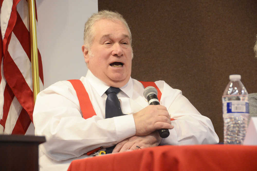 Kenai City Council candidates Bob McIntosh, Christine Hutchison, Jason Floyd and Jim Glendening participate in a Kenai Chamber of Commerce forum Wednesday at the Kenai Visitors Center.