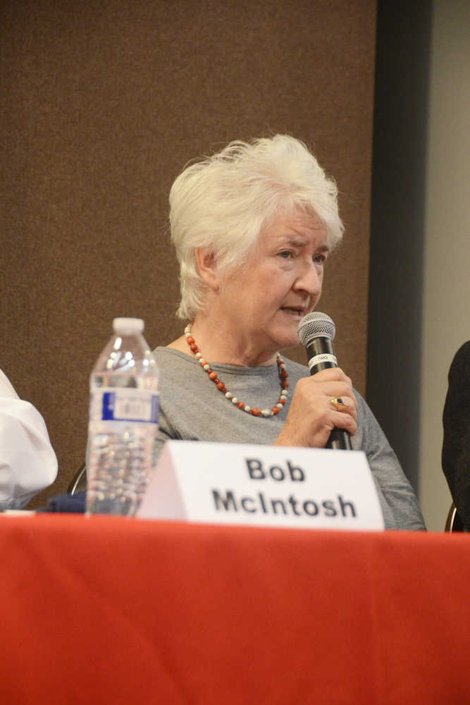 Photo by Megan Pacer/Peninsula Clarion Kenai City Council candidate Bob McIntosh speaks to a small crowd Wednesday at a candidate forum at the Kenai Chamber of Commerce and Visitor Center in Kenai, Alaska. McIntosh is one of five vying for the council's two open seats that will be filled during the upcoming Oct. 4 election.