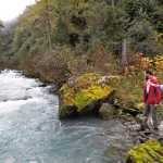 Ben Boettger/Peninsula Clarion Biologist Nick Trickett (left) of the Federal Energy Regulatory Commission looks as  licensing specialist Cory Warnock of McMillen Associates gestures down Grant Creek on Wednesday, Sept. 7 near Moose Pass. Warnock, who is working on the Grant Lake Lake Hydroelectric project, is pointing upstream of the point where water diverted from Grant Lake to power HEA's hydroelectic turbines would re-enter Grant Creek, its natural outlet.  The upstream portion would be lose water flow from the diversion. HEA studies suggest that the dewatered stretch of the creek is poorer habitat for the creek's anadromous fish because it is steeper and rockier.
