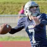 By Joey Klecka/Peninsula Clarion Soldotna Stars quarterback Brandon Crowder unleashes a throw against the Palmer Moose in a Friday night matchup at Justin Maile Field in Soldotna.