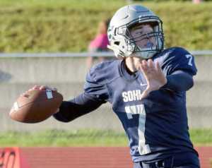 By Joey Klecka/Peninsula Clarion Soldotna Stars quarterback Brandon Crowder unleashes a throw against the Palmer Moose in a Friday night matchup at Justin Maile Field in Soldotna.