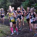 Photo by Jeff Helminiak/Peninsula Clarion Seward junior Ruby Lindquist (526) leads a large lead pack early in the varsity girls race Tuesday at the Kenai Peninsula Borough race in Seward.
