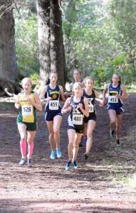 Photo by Jeff Helminiak/Peninsula Clarion Kenai Central's Jaycie Calvert (480) leads Seward's Ruby Lindquist, Homer's Megan PItzman, Homer's Audrey Rosencrans, Kenai Central's Riana Boonstra and Homer's Autumn Daigle at the Kenai Peninsula Borough meet earlier this month at Seward High School.