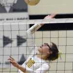 Photo by Jeff Helminiak/Peninsula Clarion Nikiski's Ayla Pitt attacks against Seward on Friday at Nikiski High School.
