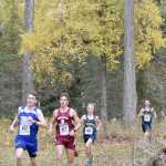 Photo by Jeff Helminiak/Peninsula Clarion Cordova's Zach Hamberger and Grace Christian's Trent Fritzel lead Homer's Jacob Davis and Jordan Beachy down a hill midway through the Class 1-2-3A race at the Region III meet at Tsalteshi Trails on Saturday. Beachy and Davis led Homer to the boys team crown.