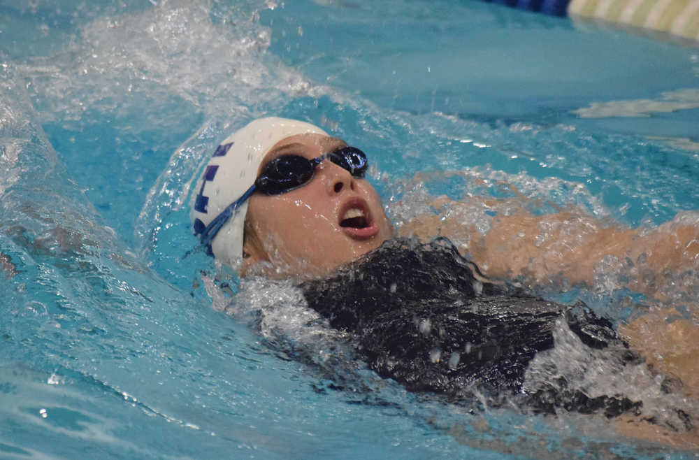 Photo by Joey Klecka/Peninsula Clarion Soldotna's Alex Juliussen competes in the girls 50-yard backstroke Friday at the SoHi Pentathlon in Soldotna.